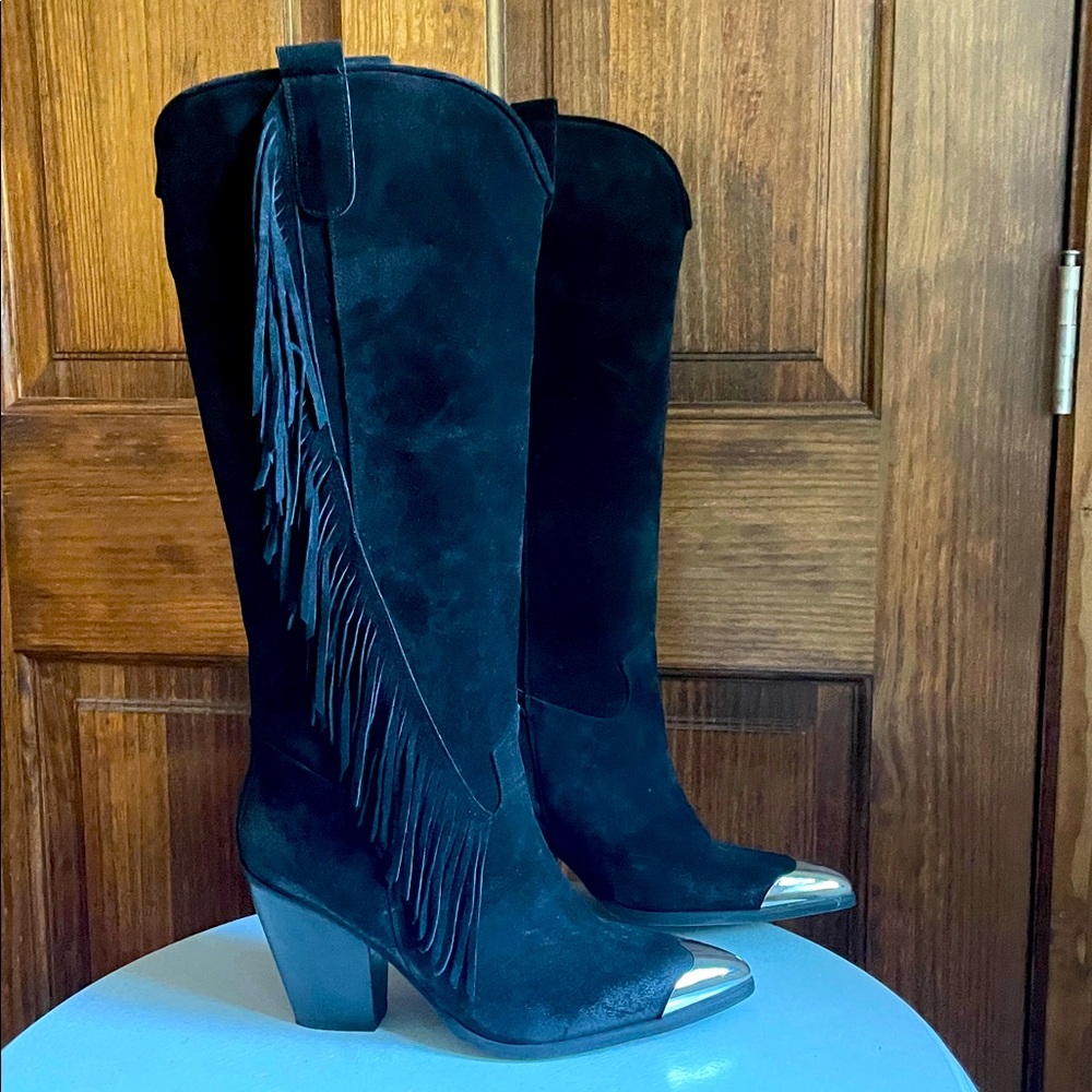 FREE PEOPLE Black Suede Boots Fringe Western Festival Silver Toe Tips Caps 40 10 - Picture 2 of 12